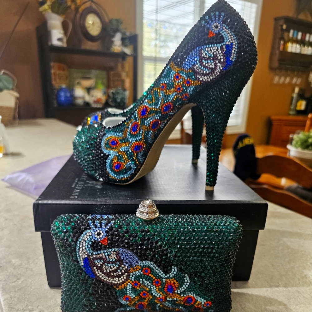 Peacock Embellished Green Stiletto Heels By designer Marc Defang New York